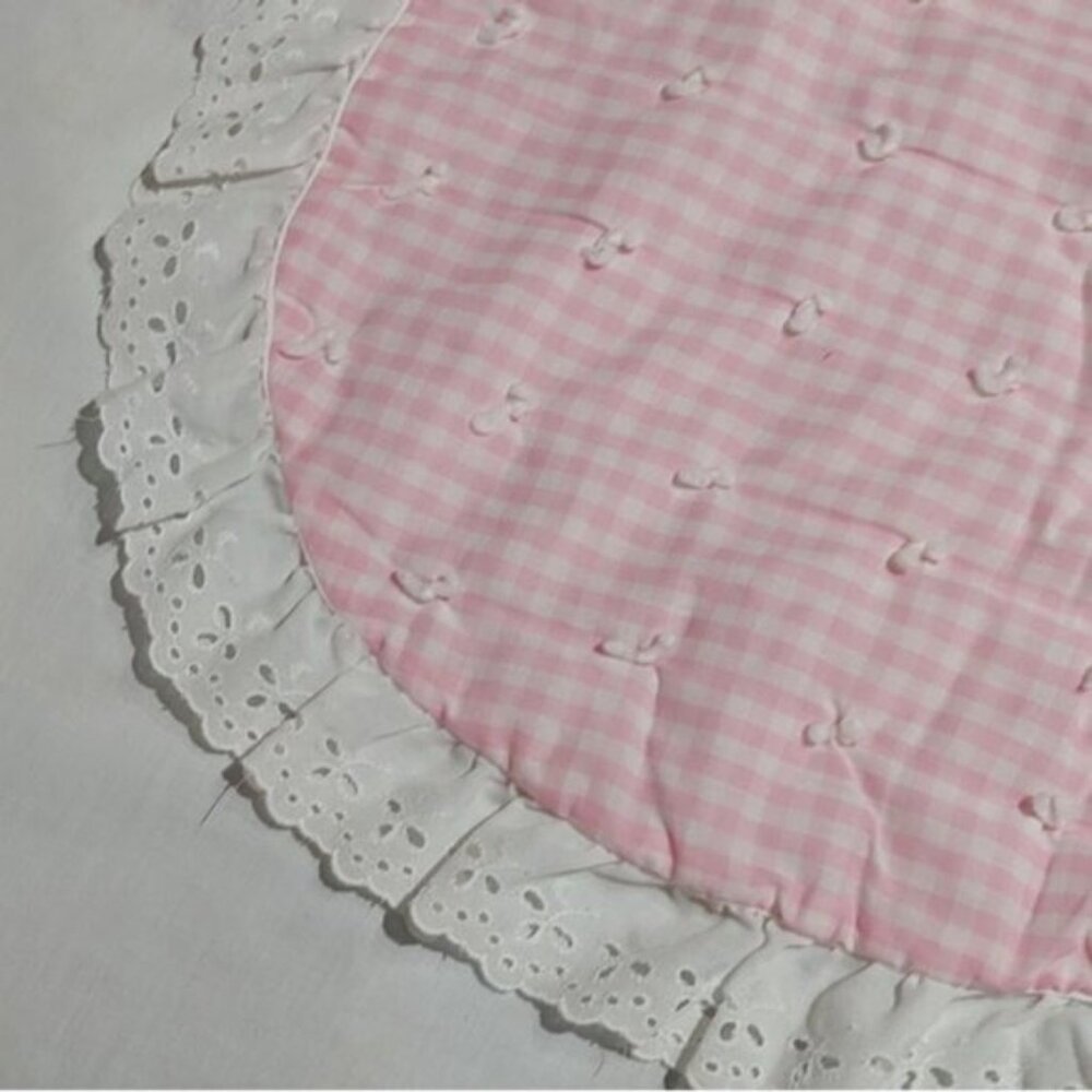 Vintage 80s Care Bears Cheer Bear Applique Pink Gingham Lace Trim Baby Blanket - Picture 3 of 5